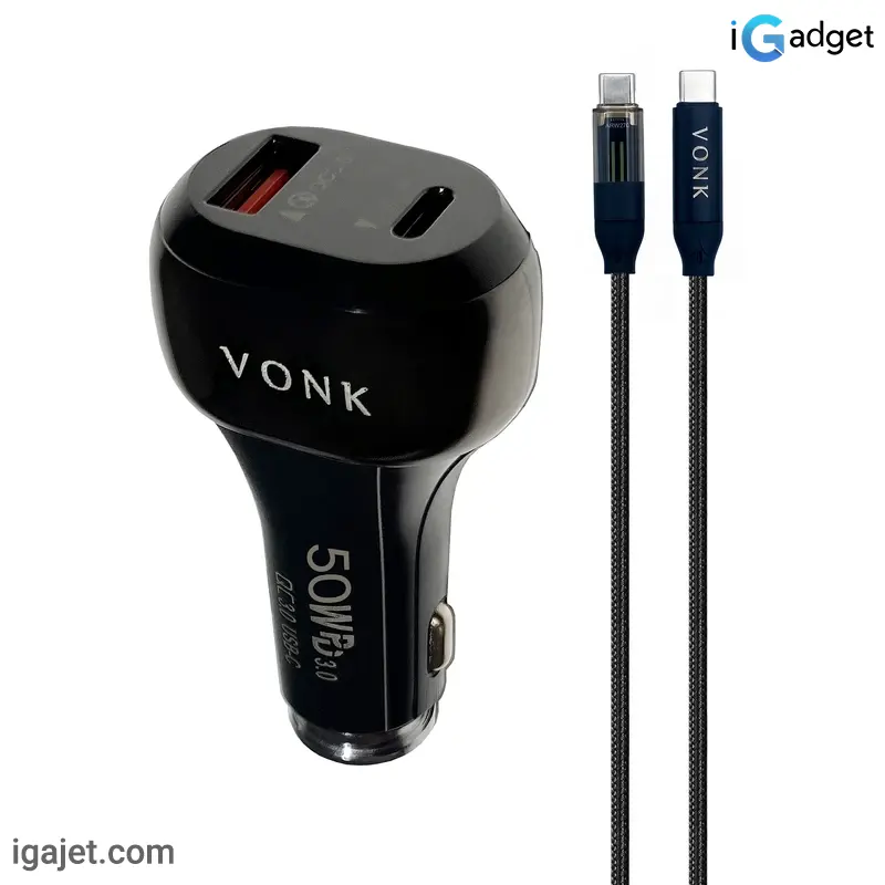 شارژر فندکی 50 وات دو پورت وونک مدل VC-50 به همراه کابل USB-C شارژر فندکی 50 وات دو پورت وونک مدل VC-50 به همراه کابل USB-C